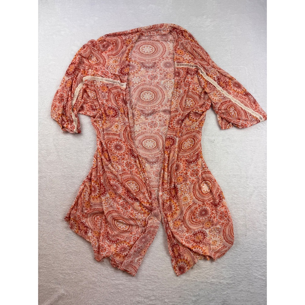 CURE. Orange Mandala Paisley Mesh Kimono Cardigan Crochet Trim M8-1563 Large